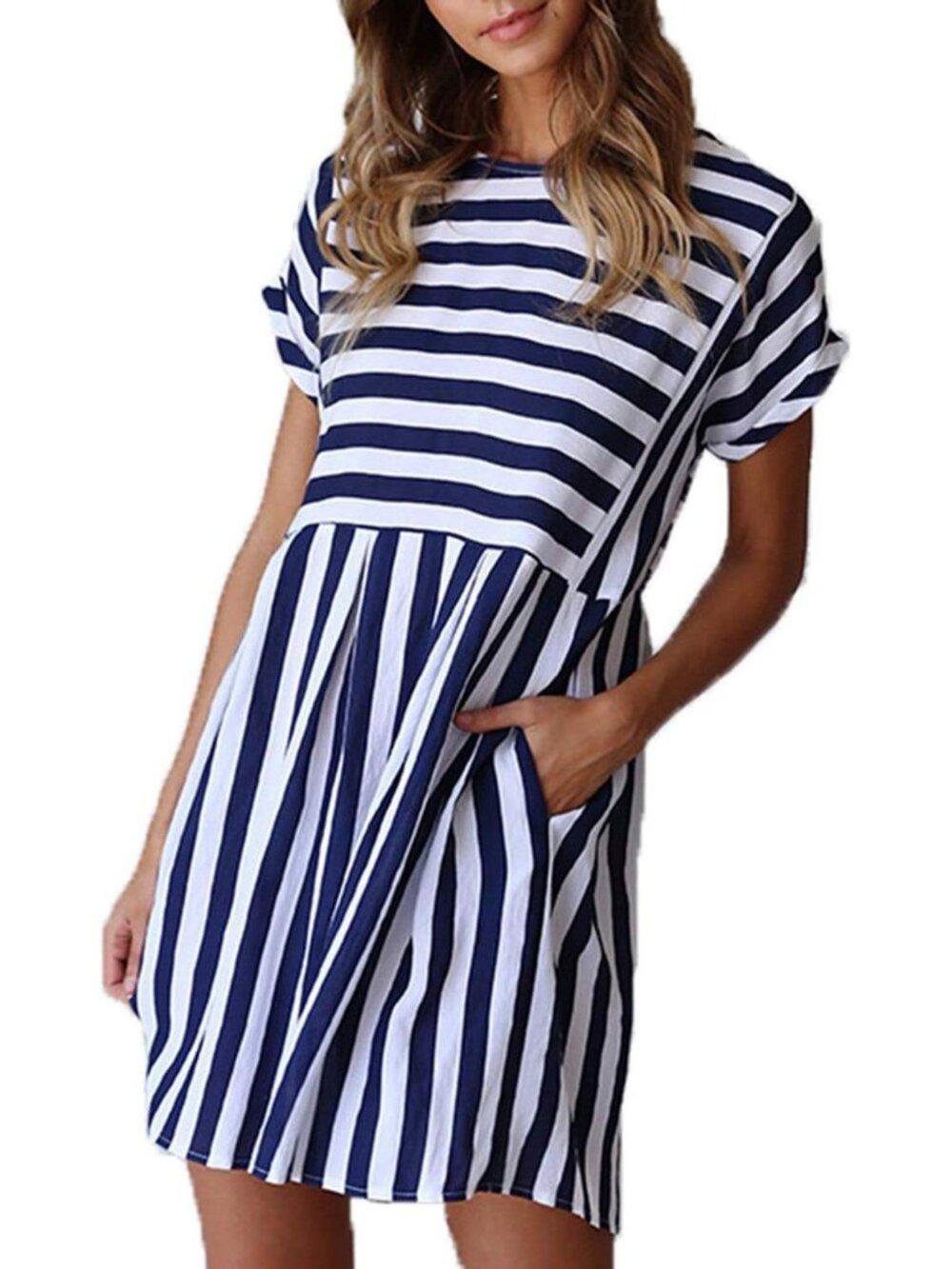 Women's Navy Blue Boho Summer Mini Dress Short Sleeve A-Line Swing with Pockets